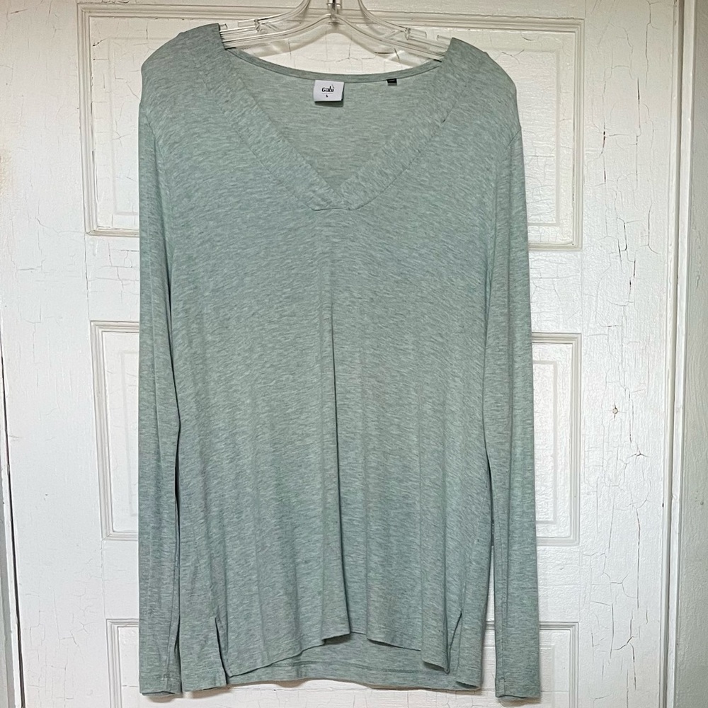 CAbi Light Green-Grey V-Neck Long Sleeve Top